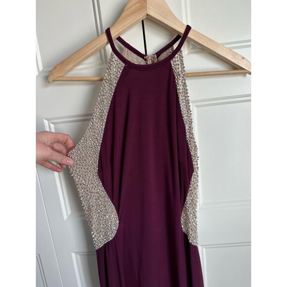 XSCAPE Illusion Cutaway High Neck Jersey Gown Maroon Caviar Beading #XS8264 - Picture 6 of 16